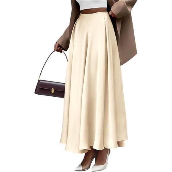 Women's Satin High Waist Skirts A-Line Beige